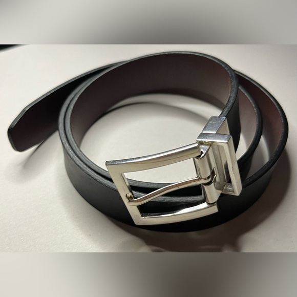 Men’s black genuine leather silver work career buckle belt. Size medium - Picture 3 of 14